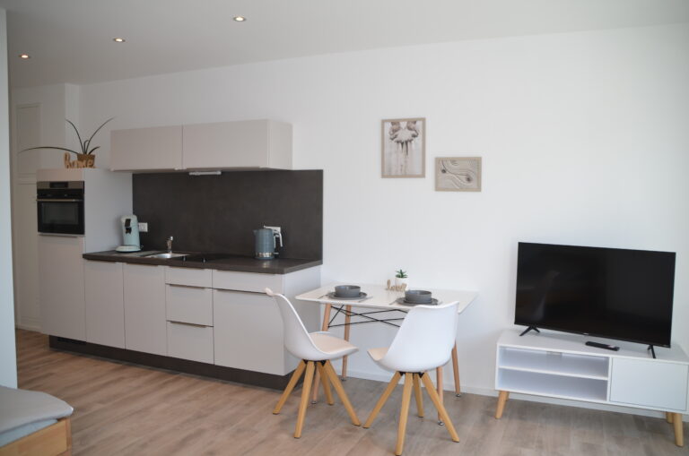 Küche und Essbereich eines Studio-Apartments in Kulmbach